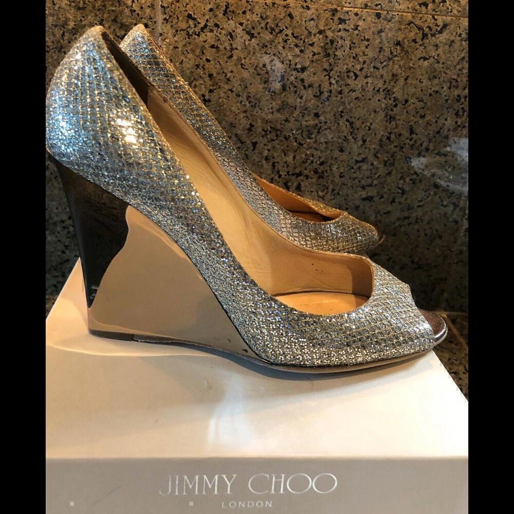 JIMMY CHOO BEllO Wedge Pump Shoes Champagne Glitter Bridal Shoe Euro 39.5 Us 9.5